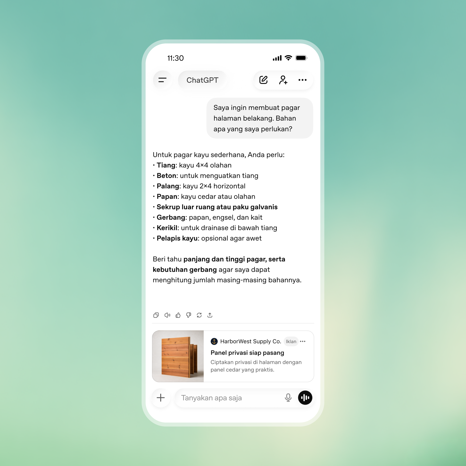 Contoh iklan yang diberi label di dalam percakapan ChatGPT